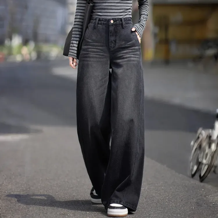 黑灰色阔腿牛仔裤女秋冬新款高腰宽松休闲显瘦简约时尚百搭直筒裤
