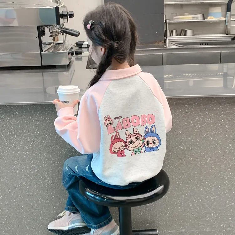 女童秋装卫衣2025新款儿童6-12网红女孩春秋季POLO领拼色卡通上衣