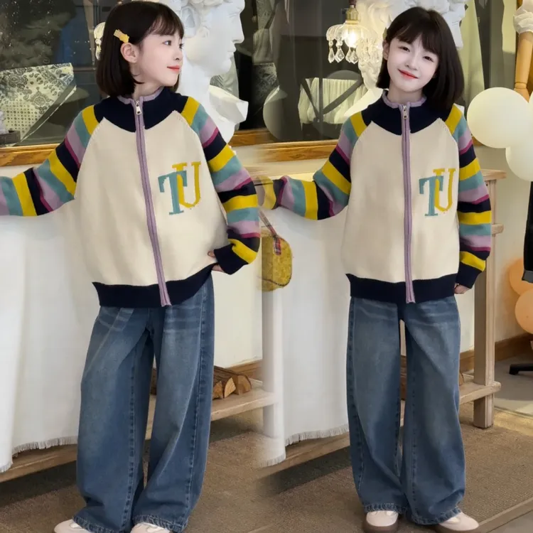 女童毛衣外套2025新款儿童春秋休闲大童韩版拼接撞色拼色