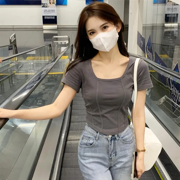 方领T恤女装夏季韩版2024新款辣妹风设计感修身显瘦短款短袖上衣