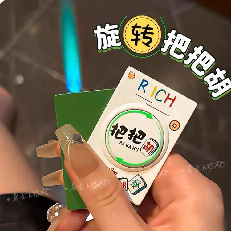 旋转侧滑扑克牌麻将造型防风打火机绿色火焰创意送女男友潮玩礼物