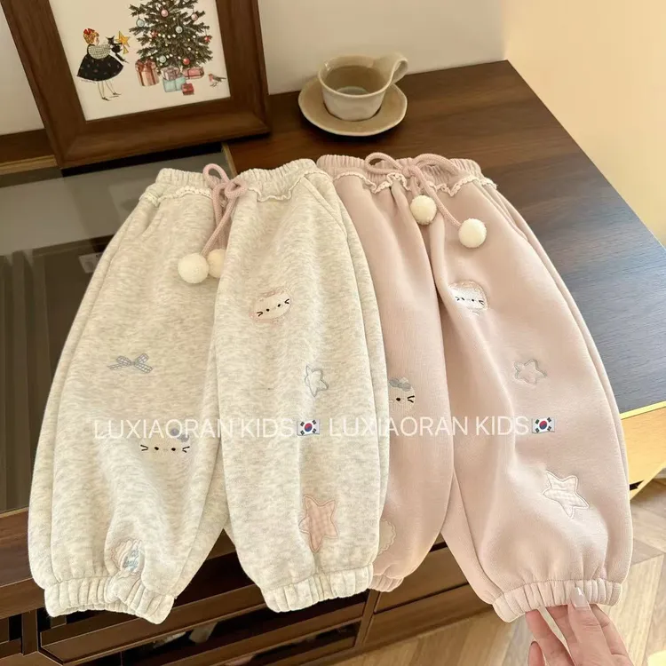 【鹿小冉】秋季女童刺绣一体绒卫裤秋款加绒休闲裤6029