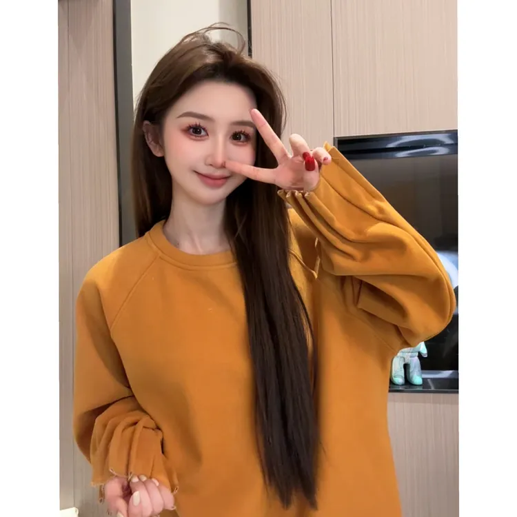 1605冬季新款加绒圆领卫衣时尚修身显瘦防风保暖上衣