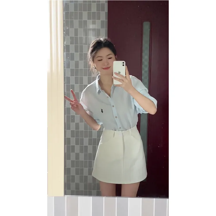 蓝色衬衫外套女夏季2025新款韩系通勤宽松长袖防晒衬衣半身裙套装