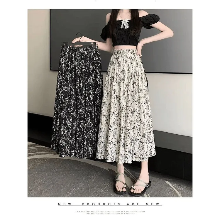 风碎花半身裙女春夏季新款高腰显瘦字大摆裙中长款百褶伞裙
