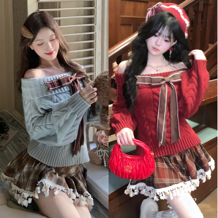 Blovelan心湾泊梦 甜美复古慵懒感一字肩毛衣+软萌格纹花边半裙