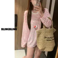 唐不灵微胖《粉条纹T》大码显瘦甜美少女长袖T恤