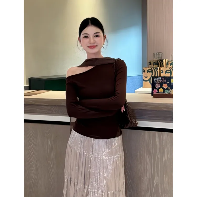 御姐风飘带露肩长袖T恤女2025秋季新款气质显瘦百搭斜领修身上衣