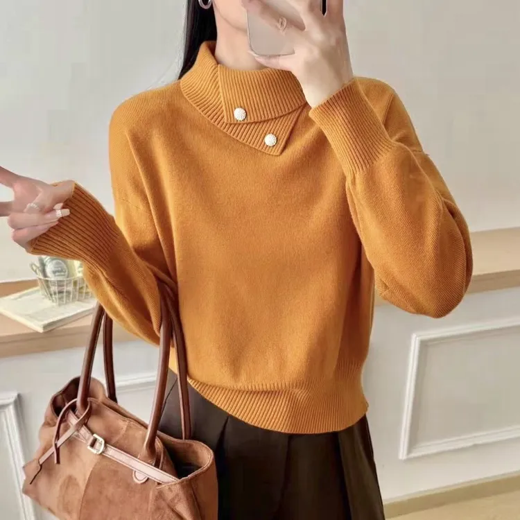 不规则翻领针织衫女通勤款宽松立领套头加厚针织衫韩版上衣K1-73