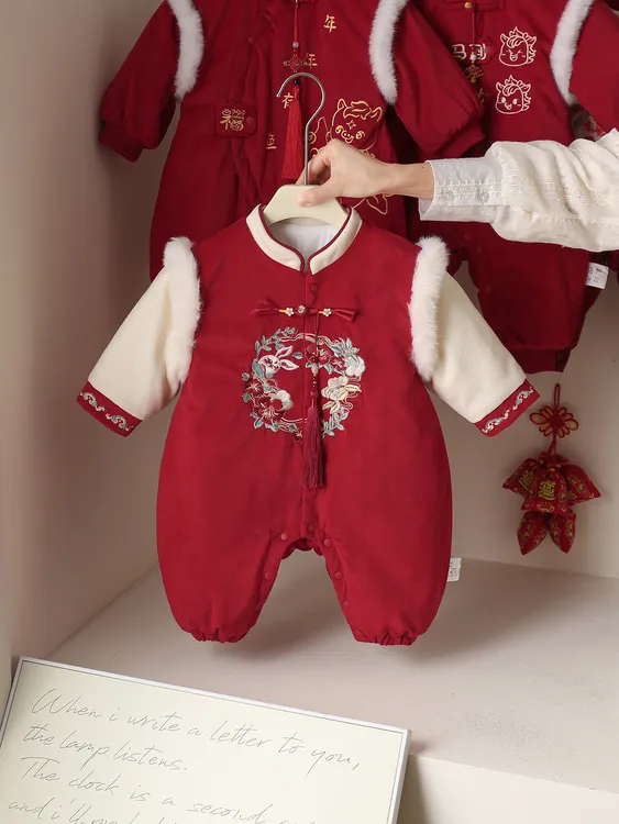 婴幼儿周岁生日抓周礼服冬款宝宝百天红色衣服婴儿喜拜年服爬服