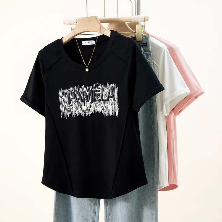 2025夏装新款胖mm大码女韩版简约百搭正肩印花字母短袖T恤