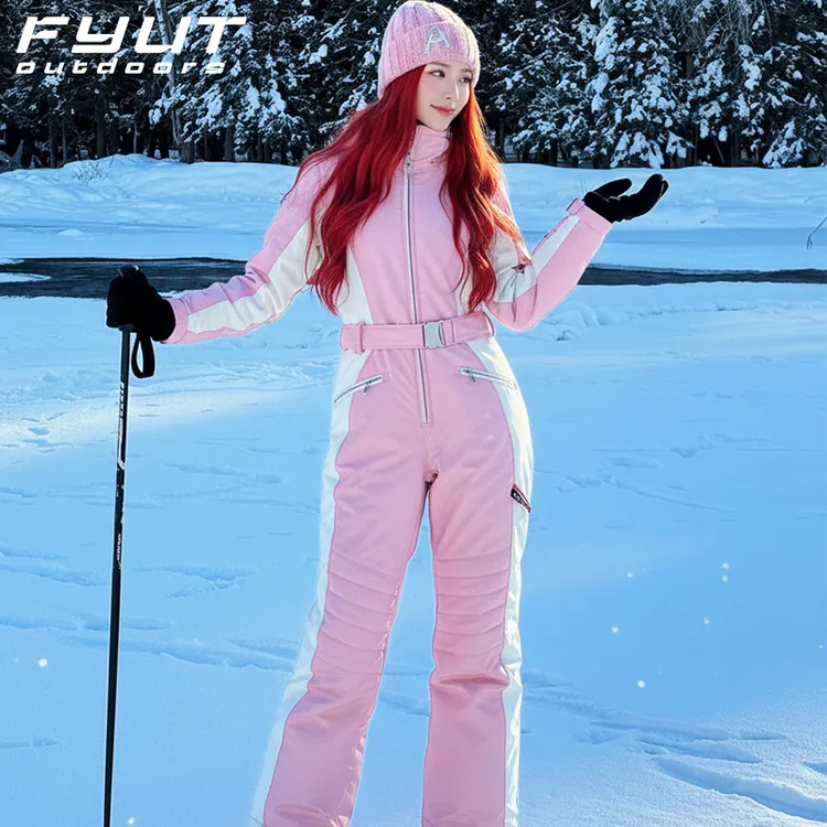 FYUT户外粉白条连体滑雪服显瘦雪服2025款防风防水保暖滑雪衣装备