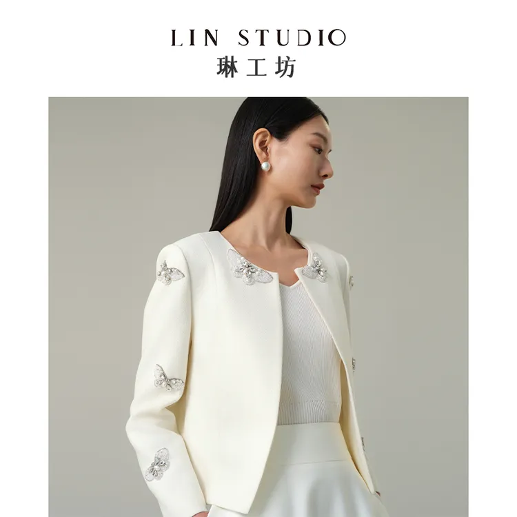 【高定手工钉珠工艺】琳工坊云蝶白色外套优雅高端气质唐琳设计师