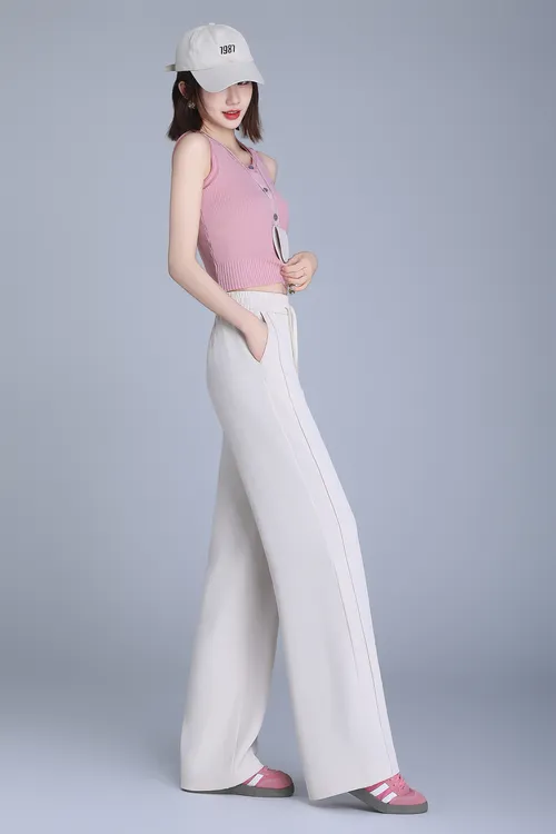 夏季爆款冰凉丝设计师款侧缝塔克线阔腿筒裤整夏季穿防蚊防晒裤