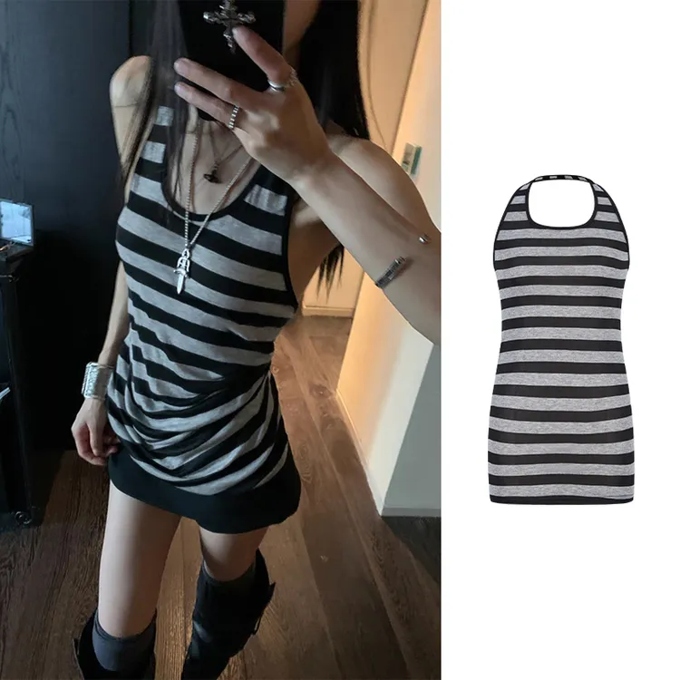 Moses Queen/魔西女王千禧辣妹灰色条纹挂脖吊带背心女夏无袖上衣