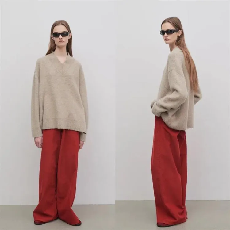 大红色裤子针织短款时尚纯色宽松秋冬简约休闲裤气质复古设计师款