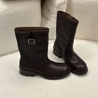 WMM棕色头层牛皮复古中筒靴女百搭真皮圆头皮带骑士靴秋冬款