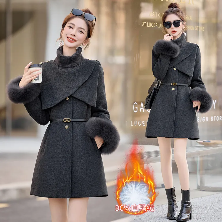 针织高领披肩毛呢羽绒服女2025冬季新款高级感洋气时髦中长款外套