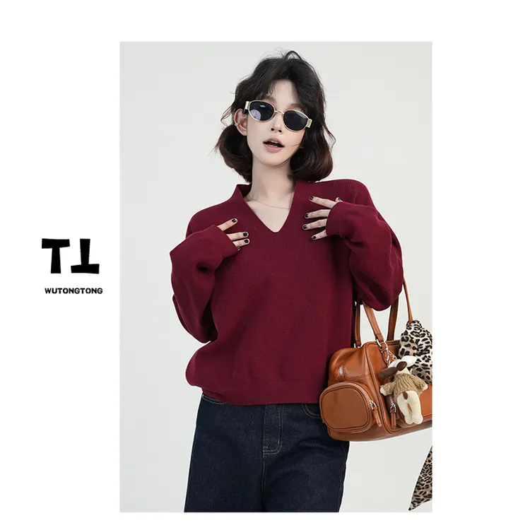 【V领毛衣】高级感纯色V领百搭宽松高智淡人长袖上衣女针织衫2034