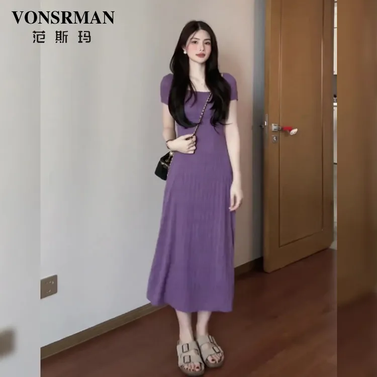 大码法式复古方领连衣裙女2025夏季新款显瘦气质A字裙收腰 长裙女