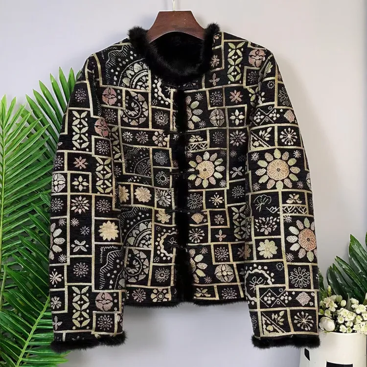 新中式国风冬季双穿加绒外套2025年新款水貂毛加厚轻奢棉衣931