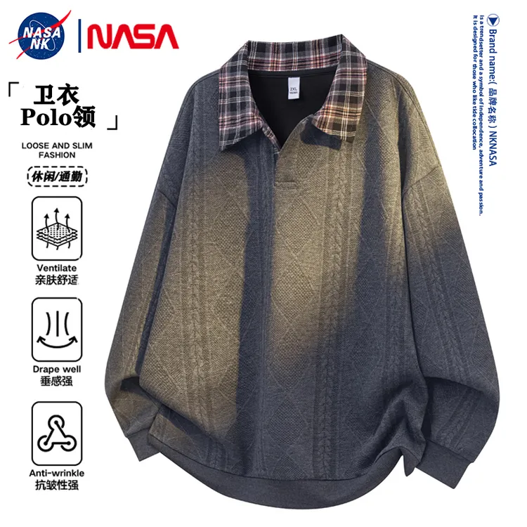 NASA联名大码提花翻领卫衣男生春秋季拼接宽松长袖polo休闲外套潮