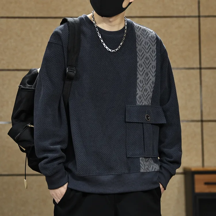 高端美式复古提花拼接男士卫衣2025秋季新款时尚潮流长袖打底衫男