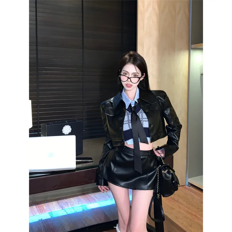 辣妹短款机车皮衣外套包臀裙短裙衬衫针织马甲上衣女秋季时尚套装