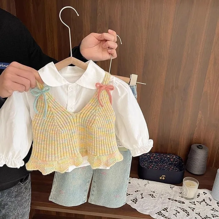 时尚套装2025新款春季洋气时髦宝宝小童马甲秋季牛仔裤三件套