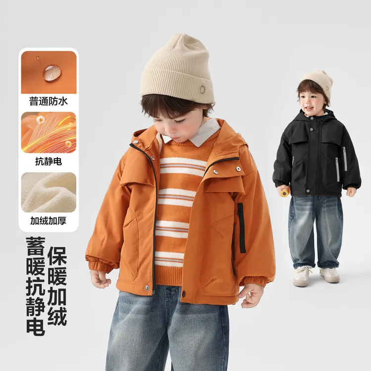 儿童服装右欧男童加绒连帽外套冬季2025新款儿童宝宝小童童装冬款