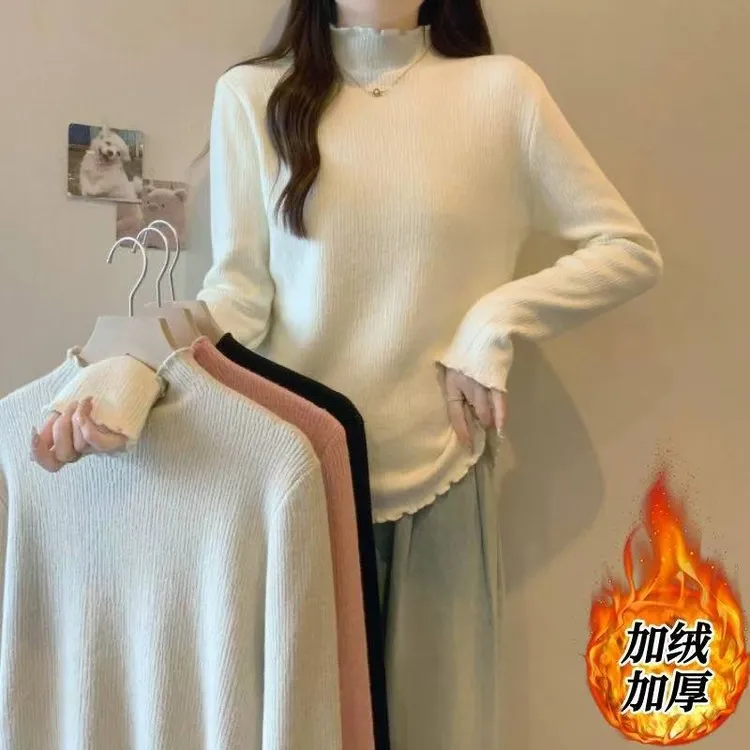 【797】大码胖mm木耳边半高领加绒打底衫女2025秋冬款宽松显瘦百搭