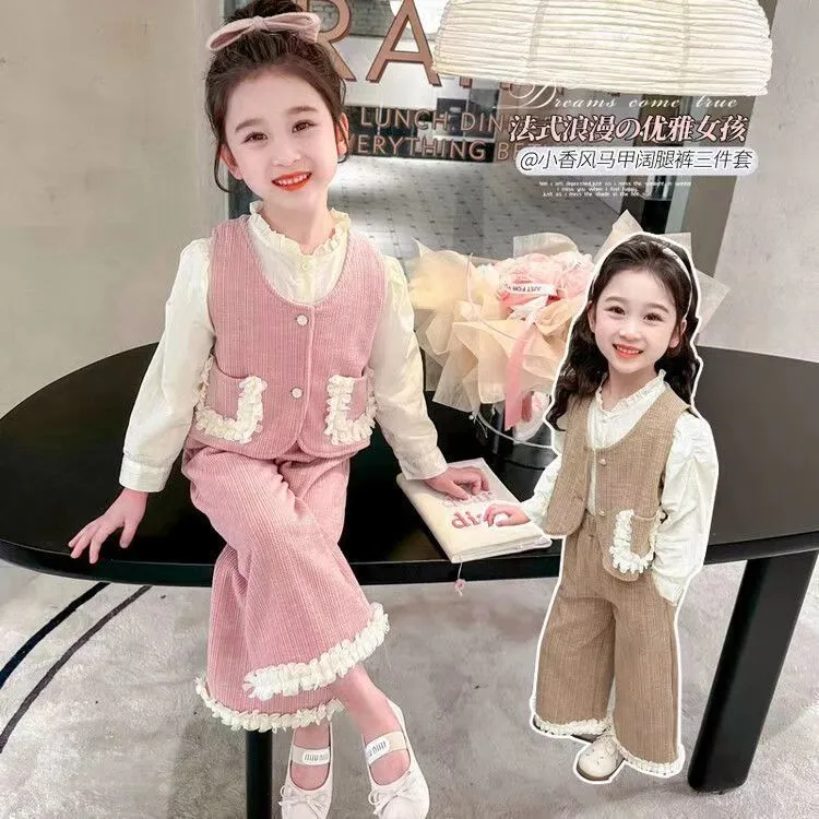 女童套装儿童春秋2025时髦女孩新款洋气花瓣春装马甲三件套爆款