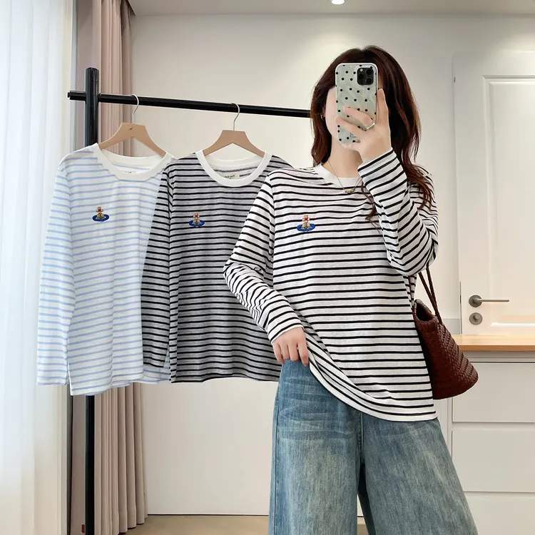 秋装新款大码女装胖MM宽松刺绣条纹长袖打底衫T恤