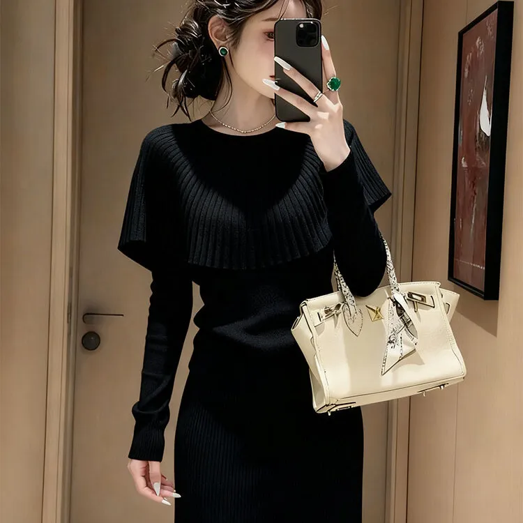 SS3669黑色斗篷式针织衫上衣套装法式巨好看的早秋千金风穿搭洋气