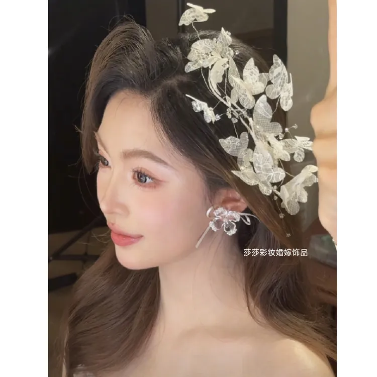 7942浅香槟色白纱蕾丝头饰新娘结婚西式礼服造型简约气质韩式