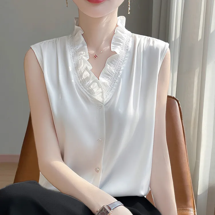 25法式V领木耳边丝滑缎面无袖背心气质内搭女叠穿百搭打底配西装