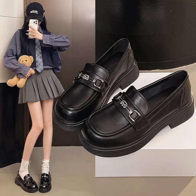 2025秋季新款英伦风乐福鞋女厚底粗跟黑色小皮鞋女一脚蹬软底单鞋