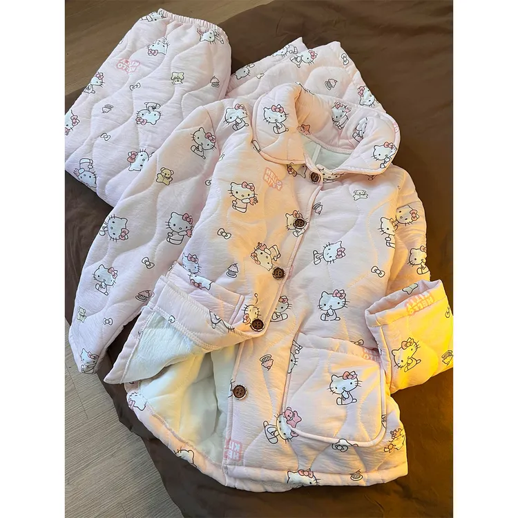 韩系少女粉色可爱夹棉睡衣加厚保暖长袖长裤家居服套装可外穿