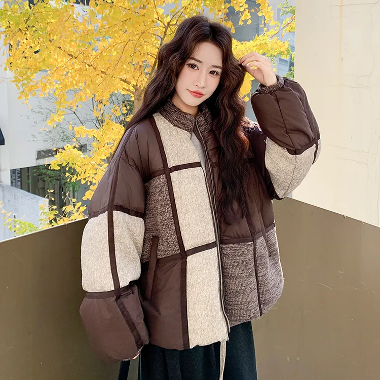 咖色复古九宫格立领羽绒服女2025冬季设计感撞色慵懒风白鸭绒外套