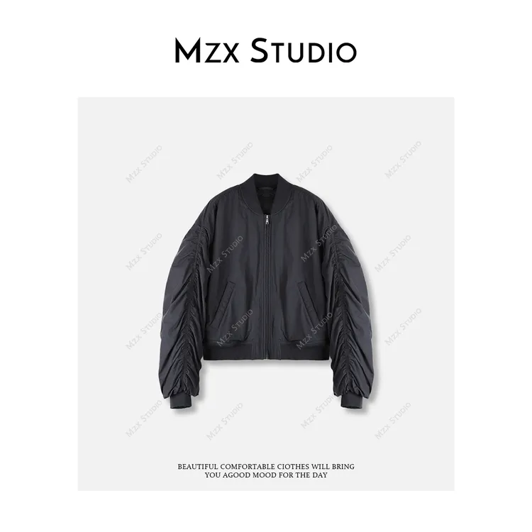 MZX 【绵羊毛】抽褶短款立领保暖棒球服棉服外套MF11176-C