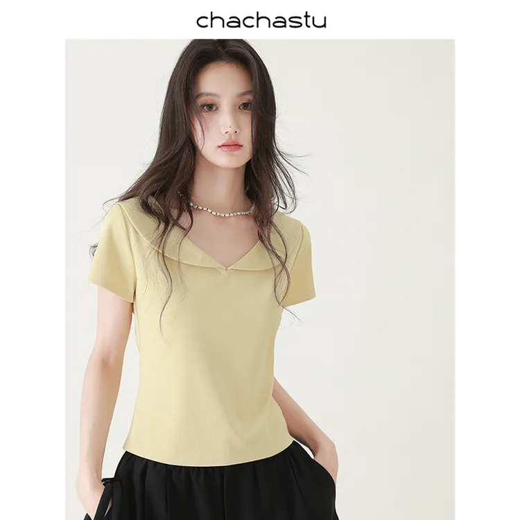 CHACHASTU 法式设计感正肩娃娃领短袖上衣女显瘦百搭T恤ZRS1698