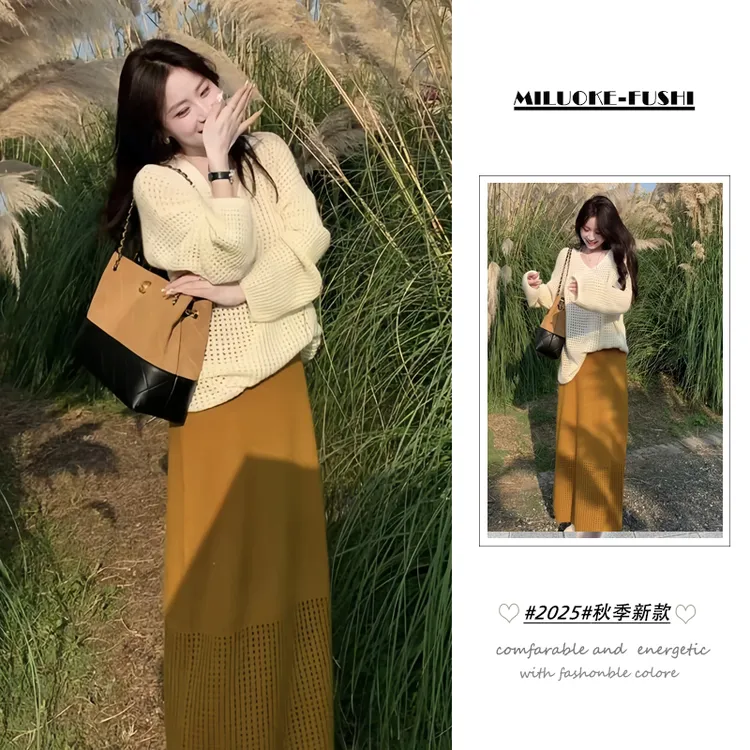 秋季穿搭女一整套2025新款韩版复古镂空针织上衣显瘦半身裙两件套