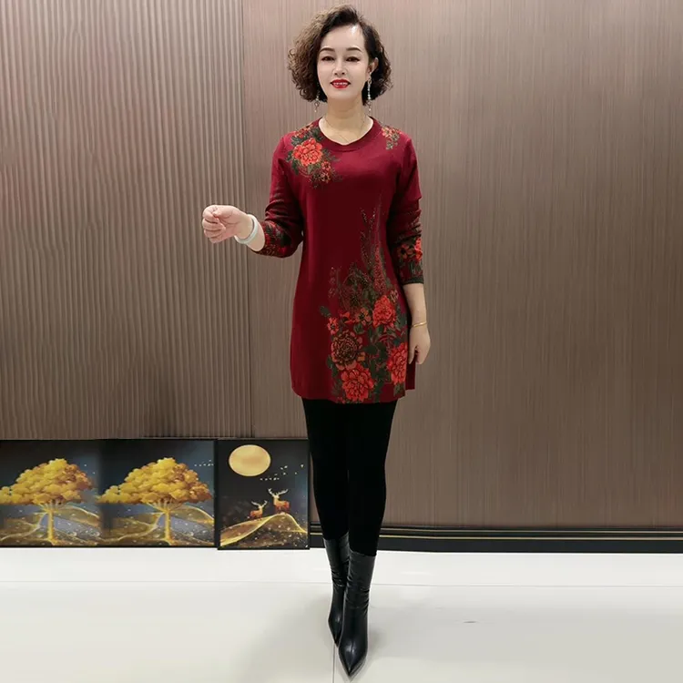 2218针织打底妈妈加衣裙羊毛衫肥大高档装码毛长秋冬衫中中老年人