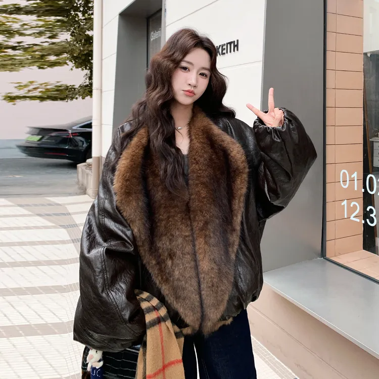 甜酷机车风皮衣拼接毛内胆派克服外套女2025冬季新款厚实保暖棉服