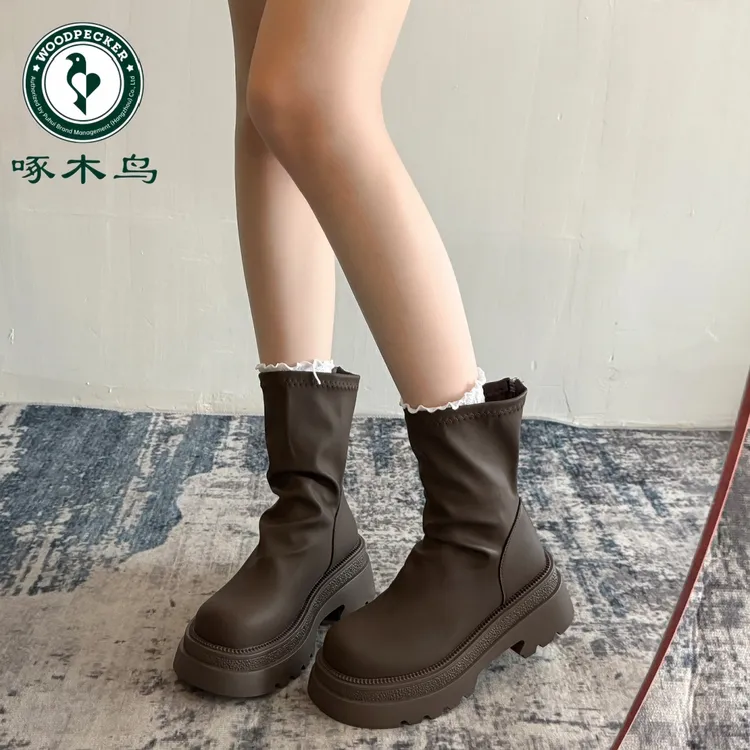 啄木鸟厚底短靴女2025秋新款百搭显瘦弹力瘦瘦靴小个子增高马丁靴