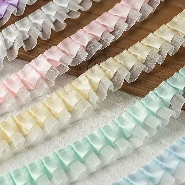 彩色双层褶皱蕾丝花边辅料用于手工DIY装饰服装布料材料丝带