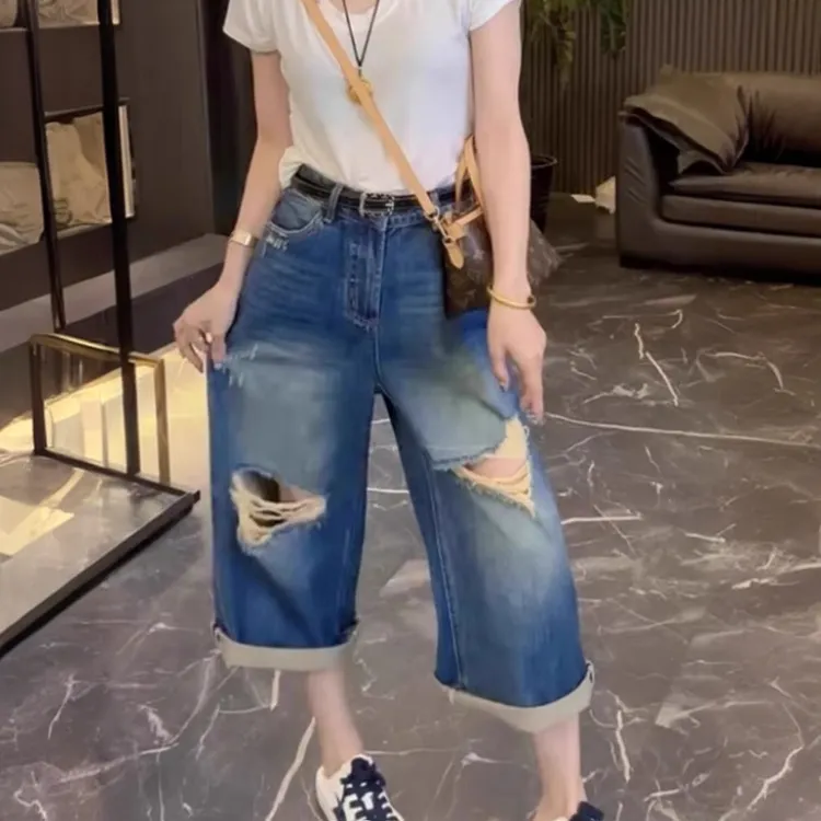八分破洞阔腿牛仔裤女夏季薄款大码胖mm小个子高腰宽松显瘦直筒裤