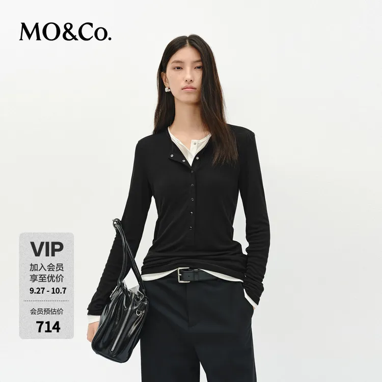 MOCO上衣2025天丝绵羊毛半开襟亨利领黑白两件套MBE1TOP002