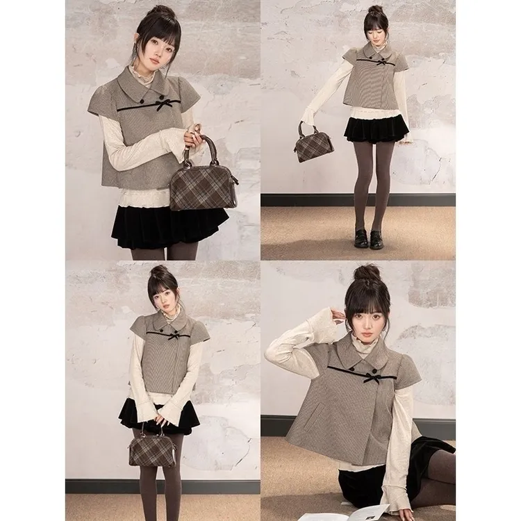法式复古格子蝴蝶结短袖针织开衫+燕麦色打底衫+蓬蓬半裙23818#
