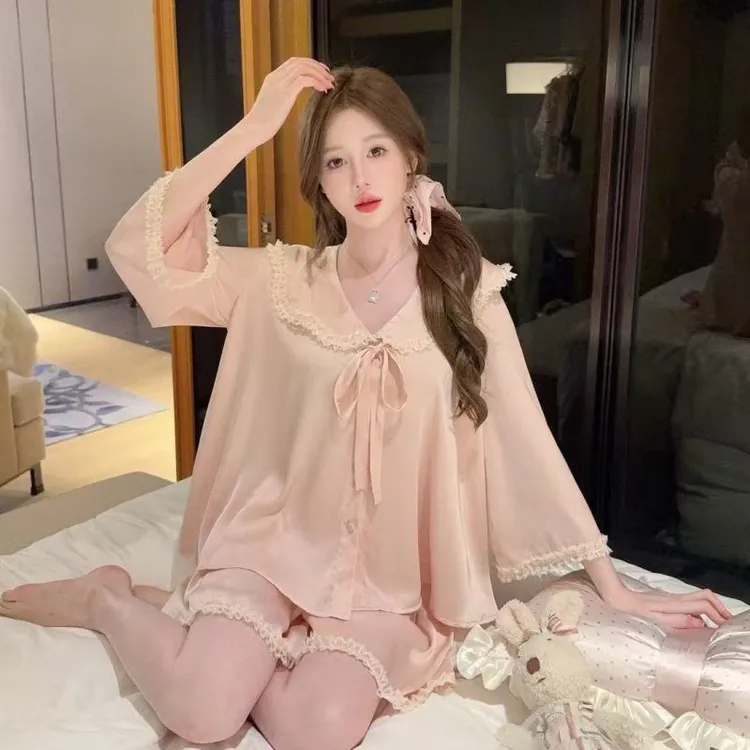 夏季新款睡衣女冰丝甜美公主风高级感短袖短裤开衫薄款家居服套